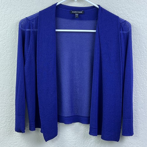 Eileen Fisher Cardigan Women's M Blue Sheer Drape Open Front Wrap Italian Yarn