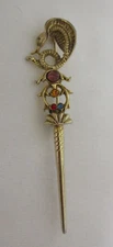 Vintage Gold Tone Multicolored Rhinestone Cobra Scepter Brooch