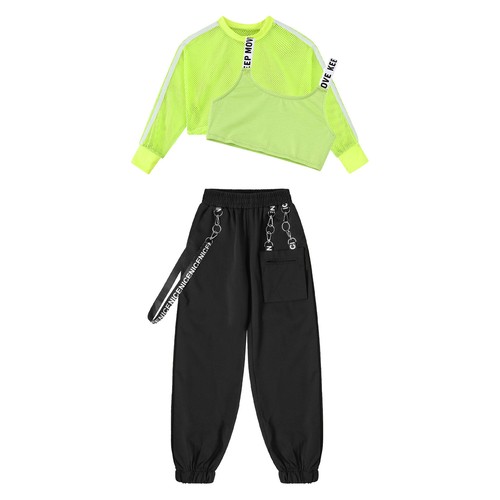 Kinder Mädchen Hip Hop Tanz Kostüm Metallkette Tanzen Outfit Langarm Crop Top - Bild 7 von 32