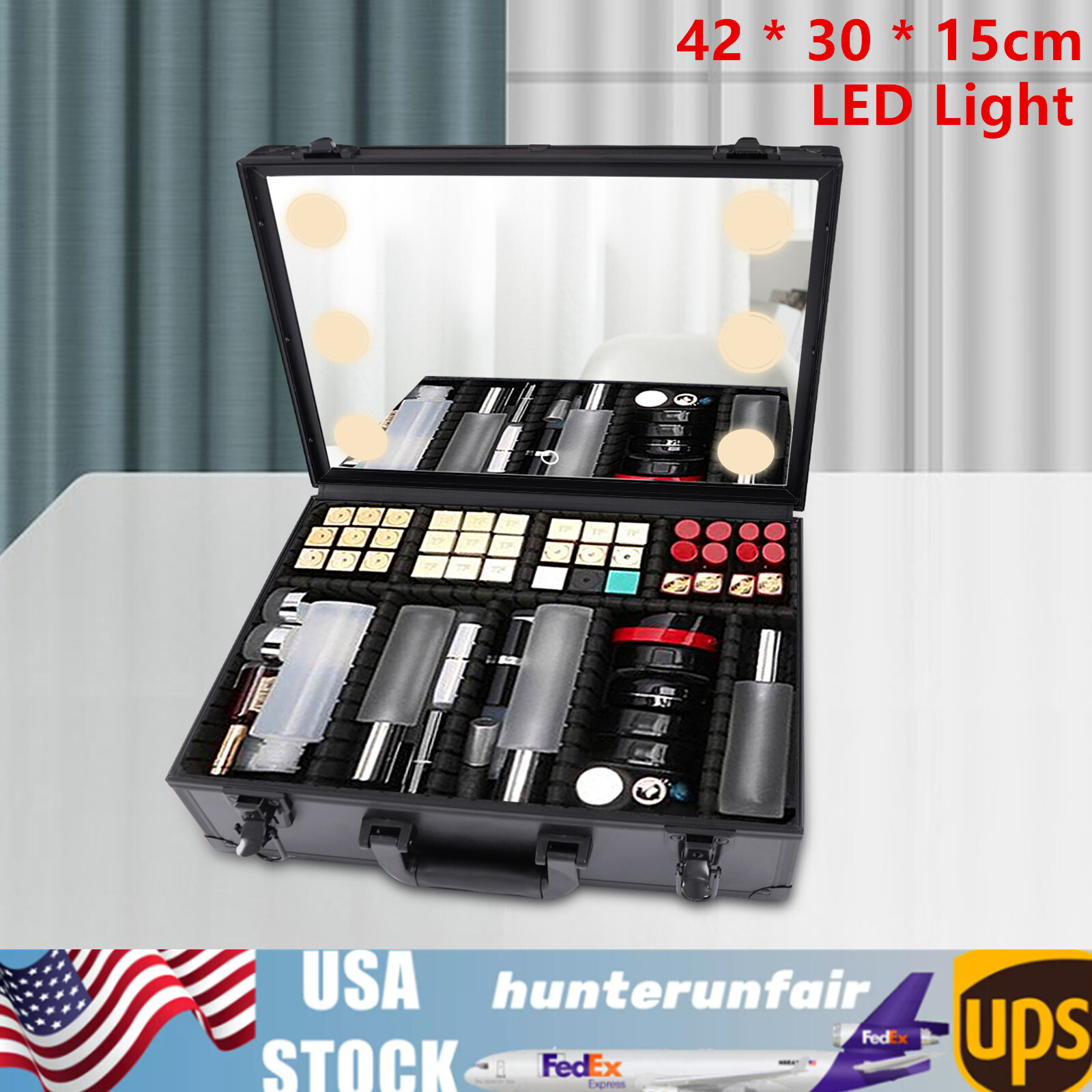 Makeup Bag with Mirror LED Light Travel Makeup Case Cosmetic Box Organizer Black-image