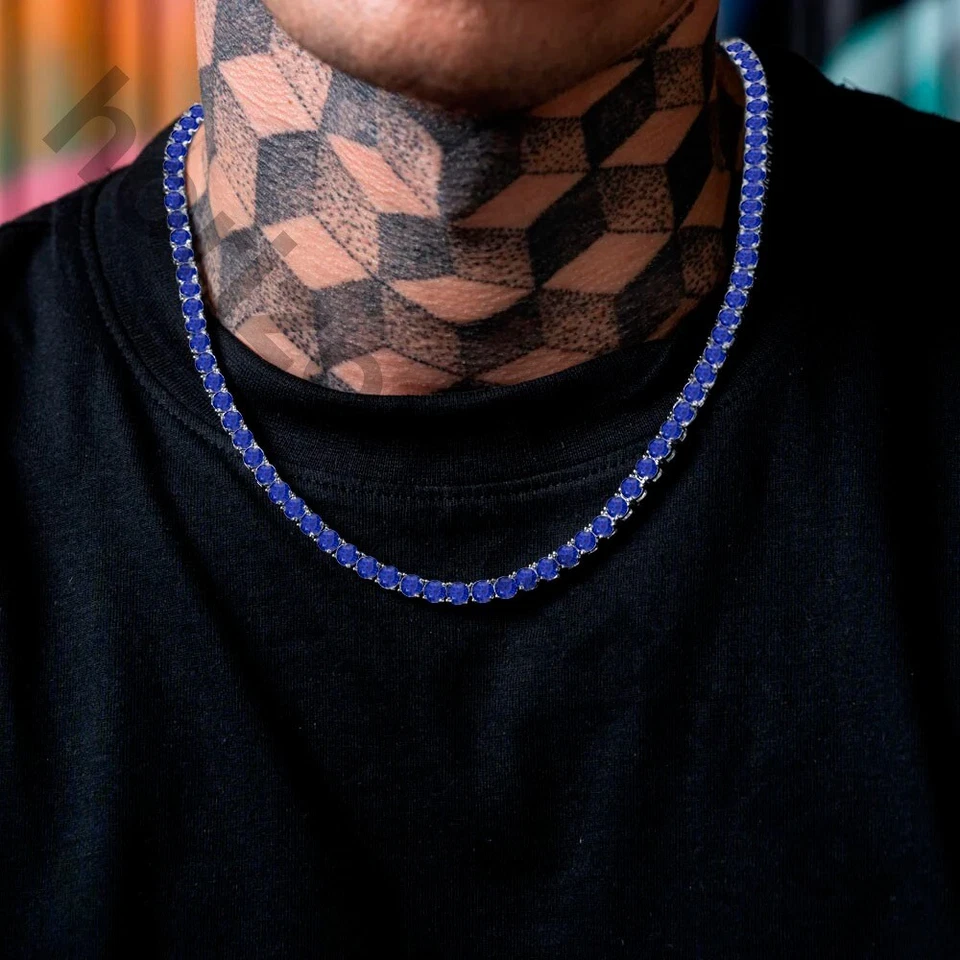 22" Tennis 5 MM Necklace 55 Ct Round Cut Blue Sapphire 14K White Gold Plated - Image 4 of 4