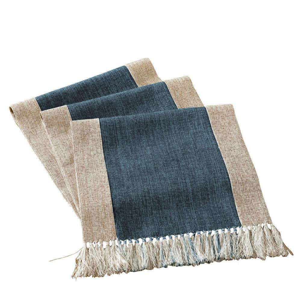 Best Heavy Rustic Table Runner with Fringe - Blue Linen for Dining & Living Room
