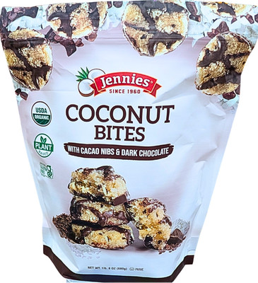 Jennies Organic Coconut Bites with Cacao Nibs Dark Chocolate 24 Oz Bag EXP 6/26