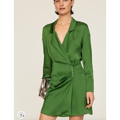BA&SH Green Mini Shirt Dress XS Wrap Designer Cocktail Satin Ruched Holiday $340