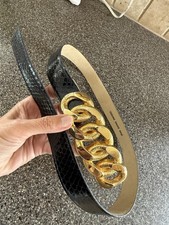 Vintage Genuine Snake Skin Belt Black Gold Chain Buckle Statement Wide Leather