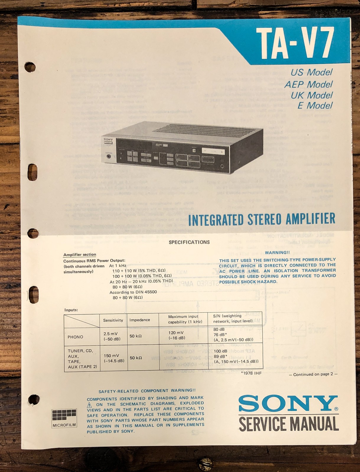 Sony TA-V7 Amplifier Service Manual *Original*