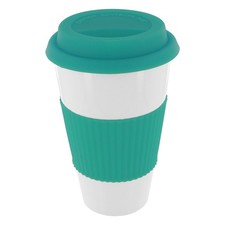 Uptown Eco-Friendly Ceramic Coffee Cup, 16 oz, Aqua with Silicone Lid Grip
