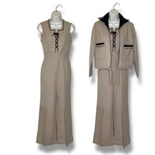 Vintage 70s Jerell of Texas Tan Sleeveless Jumpsuit Jacket Floral Braid Women 5