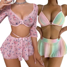 Womens Pink Flower Lingerie Set 3 PCS Lace Bralette Mini Skirt G-String Babydoll