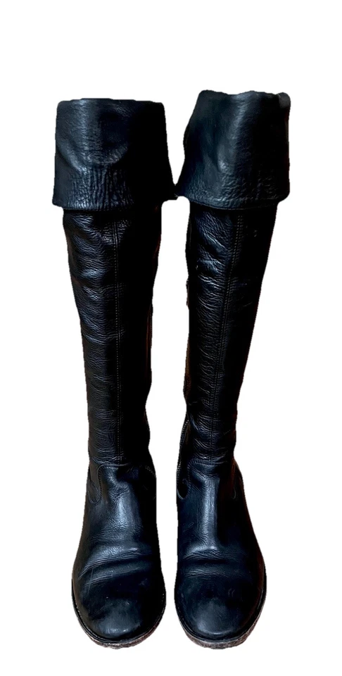 Botas piratas FRYE Shirley couro preto alto andar acima do joelho punho OTK 9 B - Imagem 3 de 4