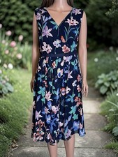 Talbots Floral Midi Dress Womens 6 Navy Blue Sleeveless Sheer Overlay Lined