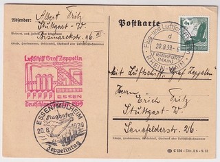DR Zeppelin Germany trips 1939 postcard Frankfurt Essen Stuttgart