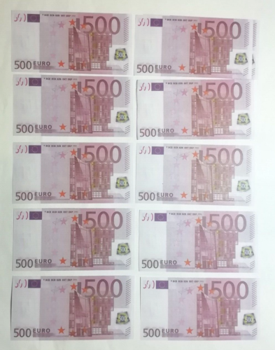 Spass-Banknoten, 10 x 500 Euros.