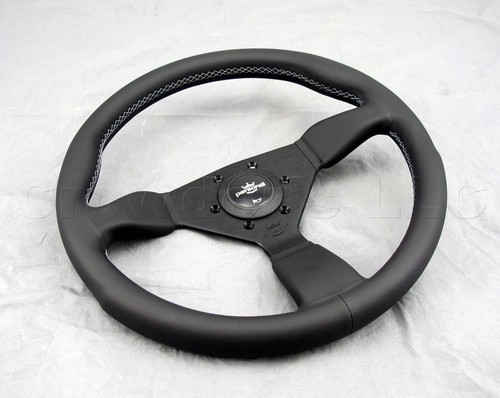 Personal Grinta Steering Wheel 350mm Black Leather Grey Stitching Black Spokes - Picture 1 of 6
