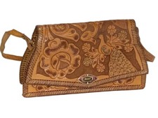 VINTAGE Tooled Leather Purse Handbag Shoulder Bag Genuine Leather Tan