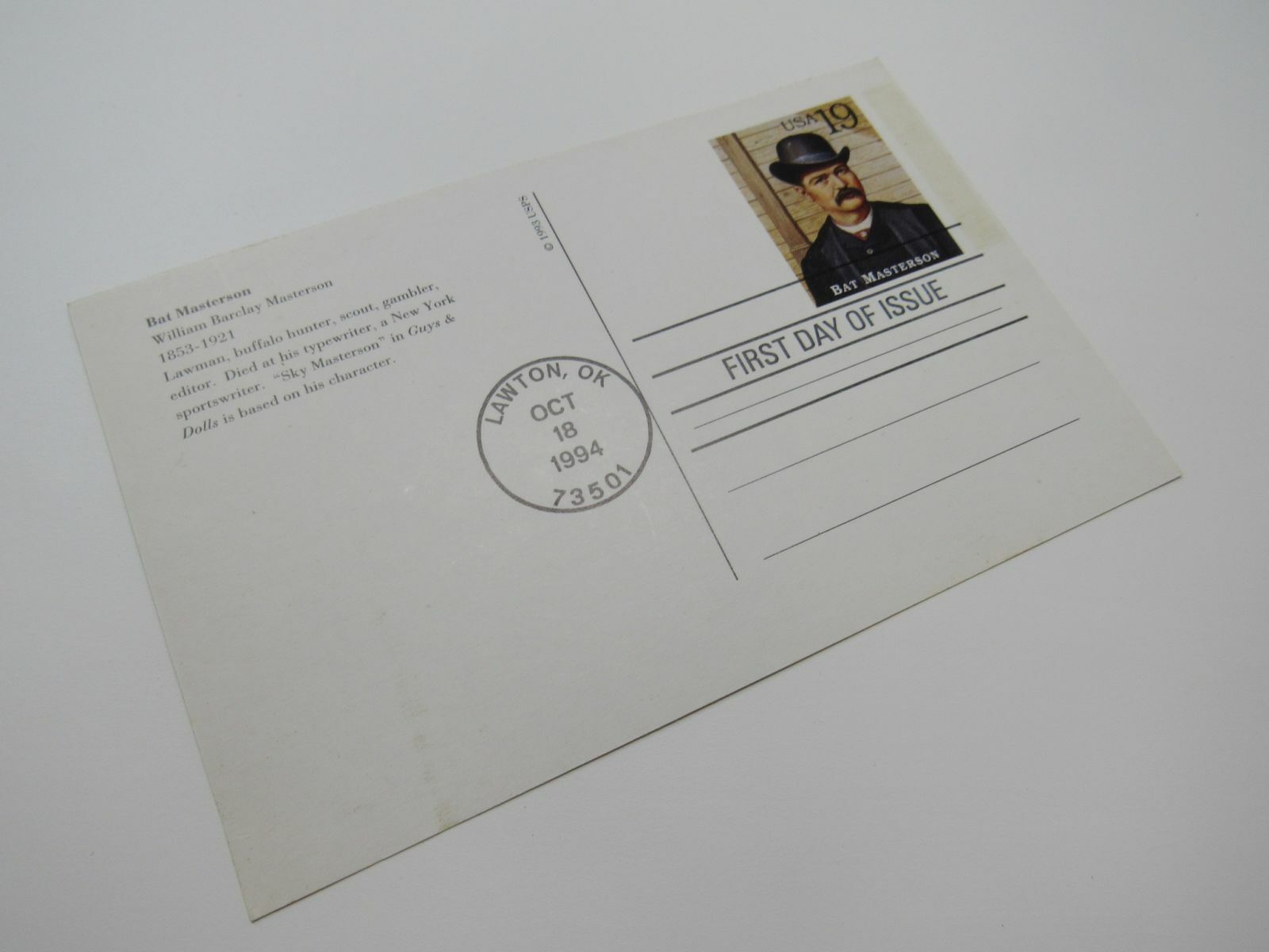 USPS Scott UX185 19c Bat Masterson First Day of Issue Postal Card