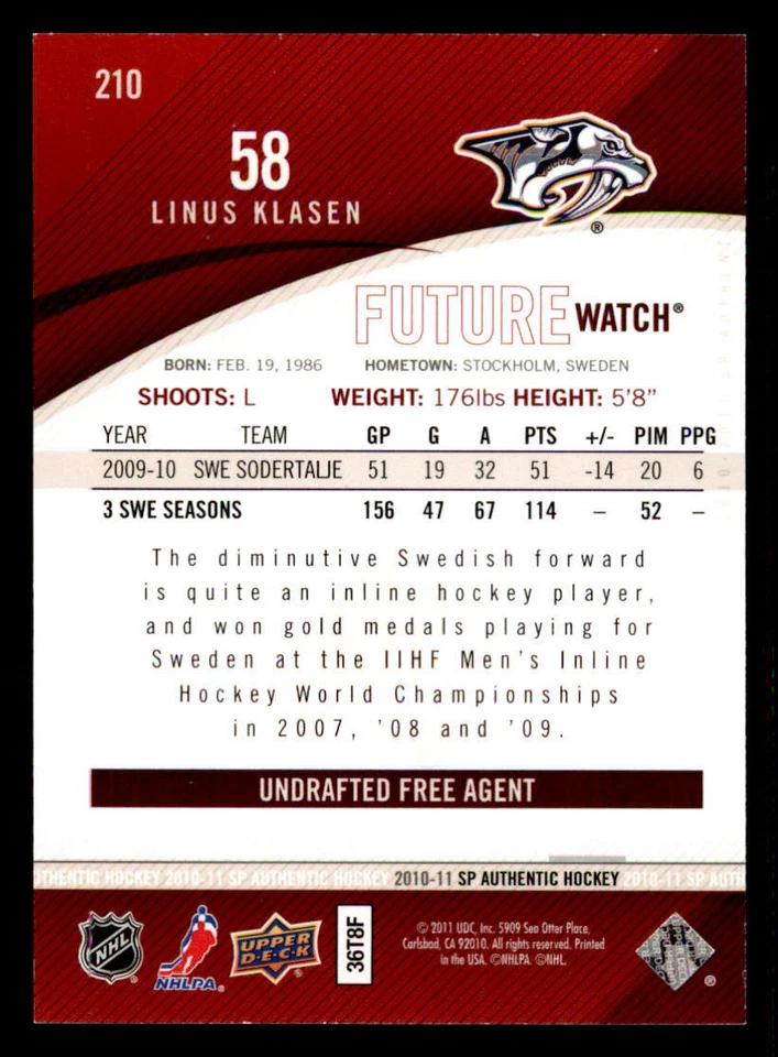 2010-11 SP Authentic #210 Linus Klasen RC /999 (ref 239693) - Image 2 of 2