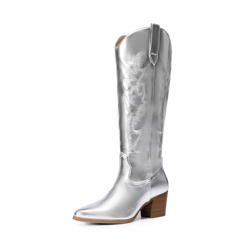 Women Low Chunky Heel Pointed Toe Zip Up Knee High Boots Cowboy Western Boot - Picture 23 of 27
