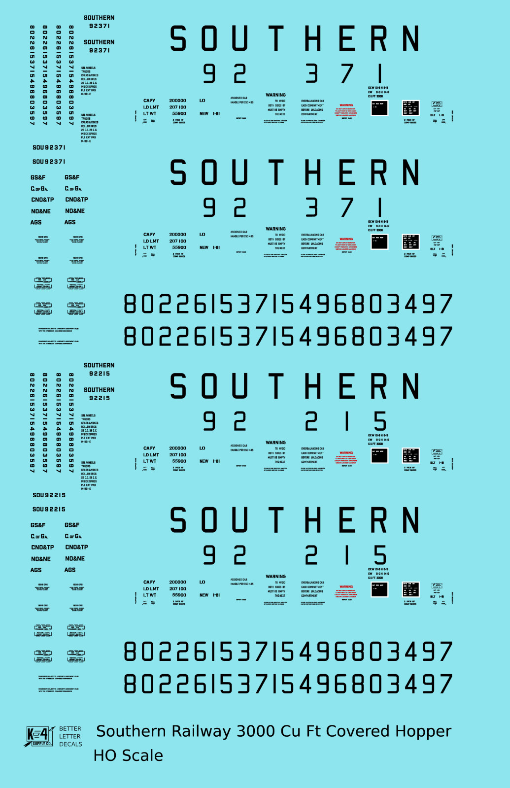 K4 HO Scale Decals Southern Railway 3000 Cu Ft Covered Hopper Black AOG