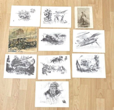 10 Vtg WW 1 & II Battlefield Sketch Prints Drawings Soldiers in Trench Signed