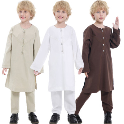 2pcs Muslim Kids Boys Dubai Saudi Arab Thobe Robe Pant Set Kaftan Islam Clothing
