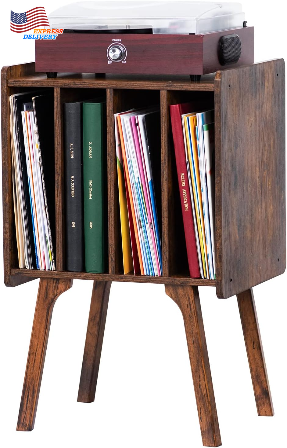 Vintage Record Player Stand with 4 Storage Cabinets Holds 100 Vinyl Albums