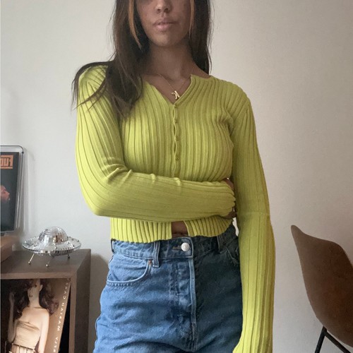 Forever 21 Ribbed Knit Cardigan Cropped Button Up Top Chartreuse Size S