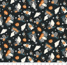 Halloween Fabric Ghouls in Graveyard Glow Ghost Toss Black Henry Glass YARD