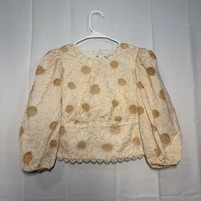 EXPRESS Womens Embroidered Floral Cropped Puff Sleeve Top Cream Beige Size S