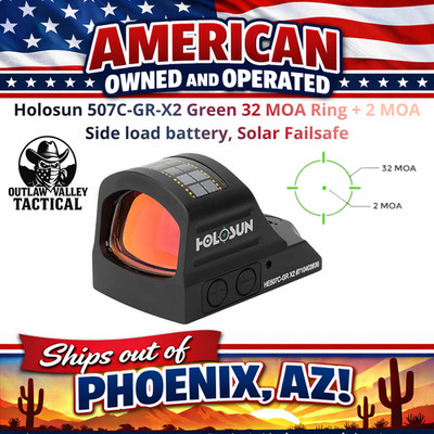 Holosun 507C-GR-X2 Green 32 MOA Ring + 2 MOA Side load battery, Solar Failsafe