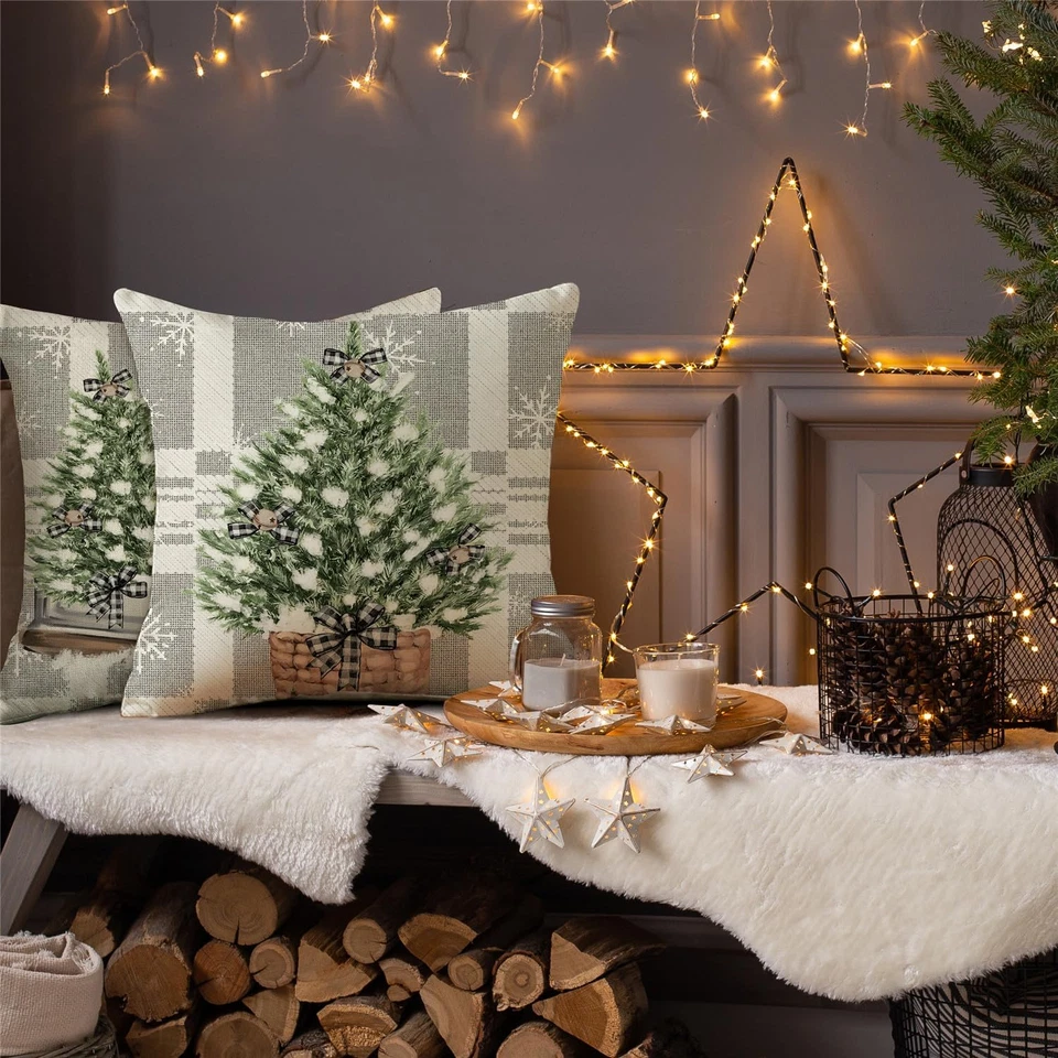 Christmas Snowman Reindeer Throw Pillow Covers Christmas Tree Truck Stripes - Image 3 of 4