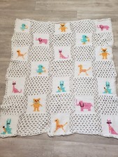 Vintage Handmade Crocheted Baby Blanket/Afghan 34"X 38" Multicolored Animals