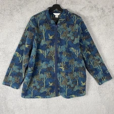 CJ Banks Jacket Womens 2X Blue Green Tree Bird Pattern Full Zip Fleece Pockets