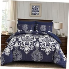 7 Pieces Comforter Set Size, Damask Bed in a Bag for Bed, King Navy Blue