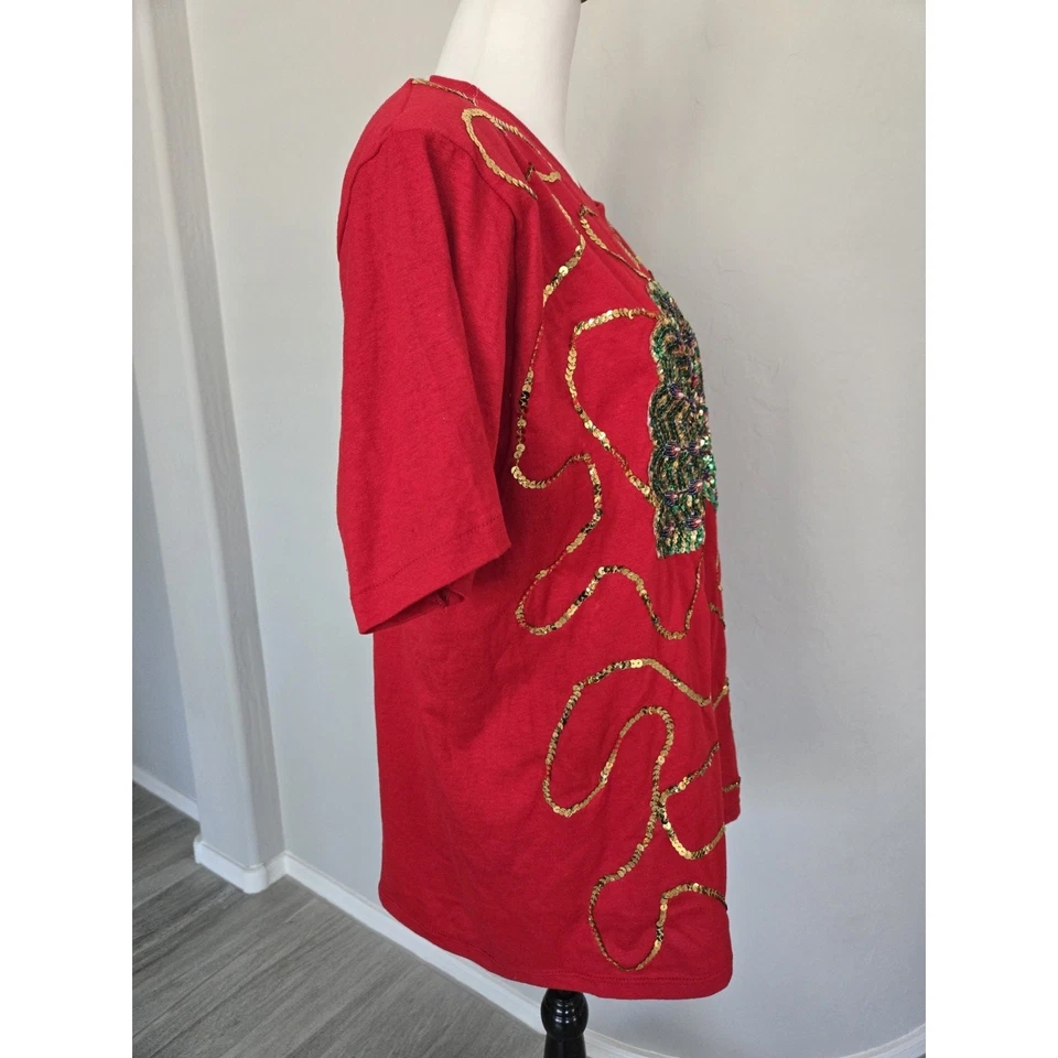 Blusa blusa vintage anos 80 lantejoulas vermelhas pavão enfeitada ombreiras por Donan tamanho G - Imagem 2 de 4