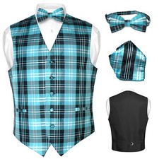 Men's Plaid Design Dress Vest BOWTie Black TURQUOISE White BOW Tie Hanky Set