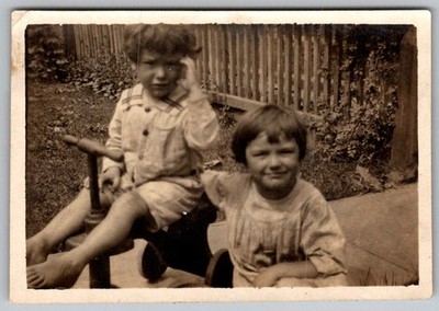 Vtg B&W Snapshot Boy On Vintage Toy Scooter And Girl By Picket Fence Garden Ya