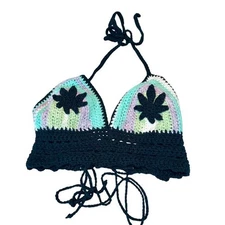 Crochet Halter Crop Top Rainbow Stripes Marijuana Leaf Festival Boho