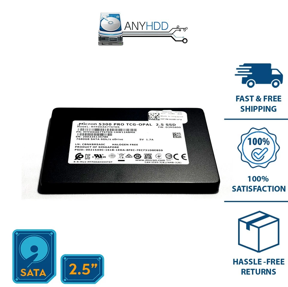 Micron 7.68TB SATA SSD - MTFDDAK7T6TDS - 1AW12ABM - PN 08W1PV – NEW 100% Health - Image 2 of 2