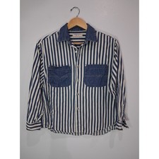 Vtg 90s Guess Georges Marciano Striped Denim Collar Button Up Shirt Blue White S