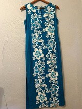Vtg Hawaiian Sz XS Floral Maxi Dress Tropical Hibiscus Boho Festival Barkcloth