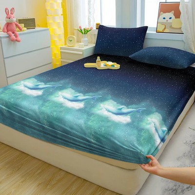 1 Simple Modern Starry Sky Printed Matte Fitted Sheet, Bedroom Printed Bed Cover