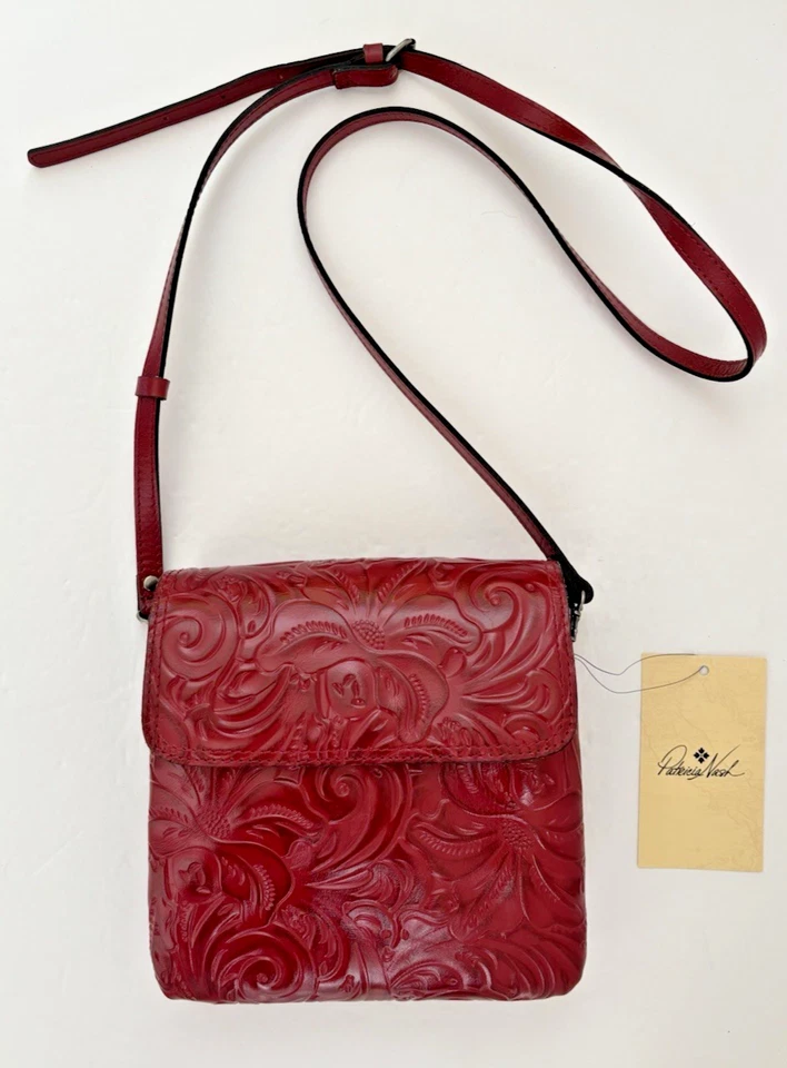 Bolso Bandolera Patricia Nash BERRY ROJO Cuero Cartera Balluri Floral Tooled Nuevo con Etiquetas