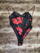 Vintage-Inspired Red Floral Lace Teddy Satin Lingerie Bodysuit W/ Matching Robe