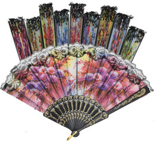 10 Pack Vintage Spanish Folding Hand Fans Floral Sequin Fabric Handheld Random