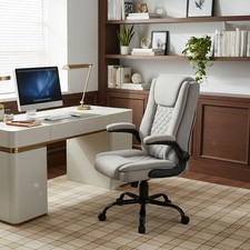 Image of Wheeled High Back Home Office Chair Swivel Linen Fabric Desk Chair Light Grey
