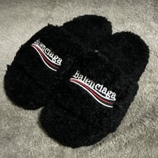 Balenciaga Black Shearling Fur Slide Slippers Men's Comfort Casual