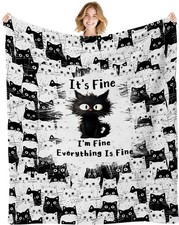 Cat Blanket, Black Cat Gifts for Cats Lovers, I'm Fine Everything is Fine Bla...