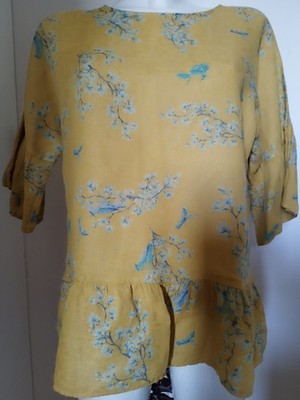 NADA DEL RICCIO 100 % Leinen  Bluse Gr. M senfgelb gelb/florales grünes Muster
