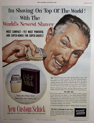 1954 Schick Electric Shaver Custom Powerful Super Honed Close clean VTG Print Ad